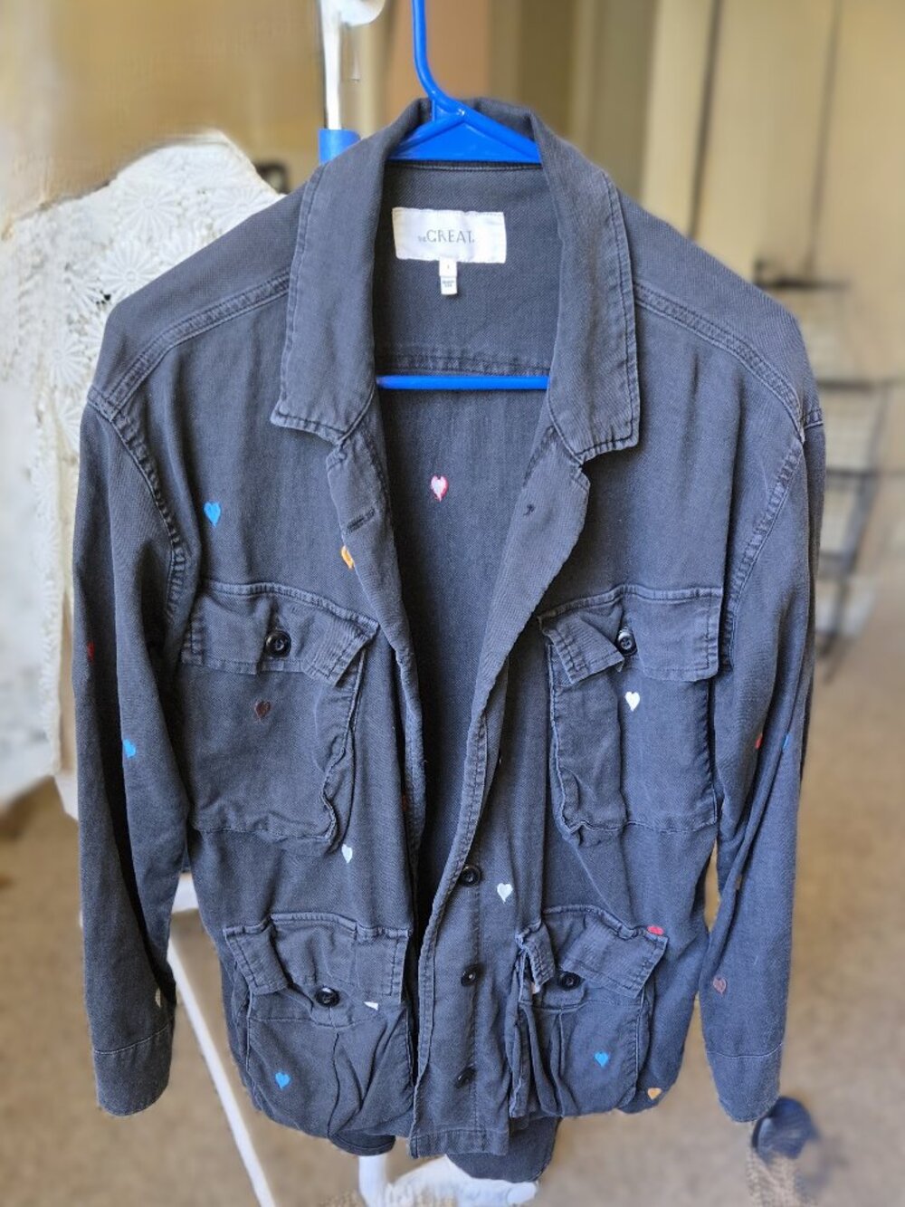 THE GREAT. The Folsom Jacket with Tossed Embroidered Hearts - Size 1 Small Black